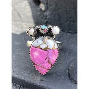 STERLING SILVER NATIVE SW COTTON CANDY TURQUOISE CLUSTER RING .925 Adjusts 7-9